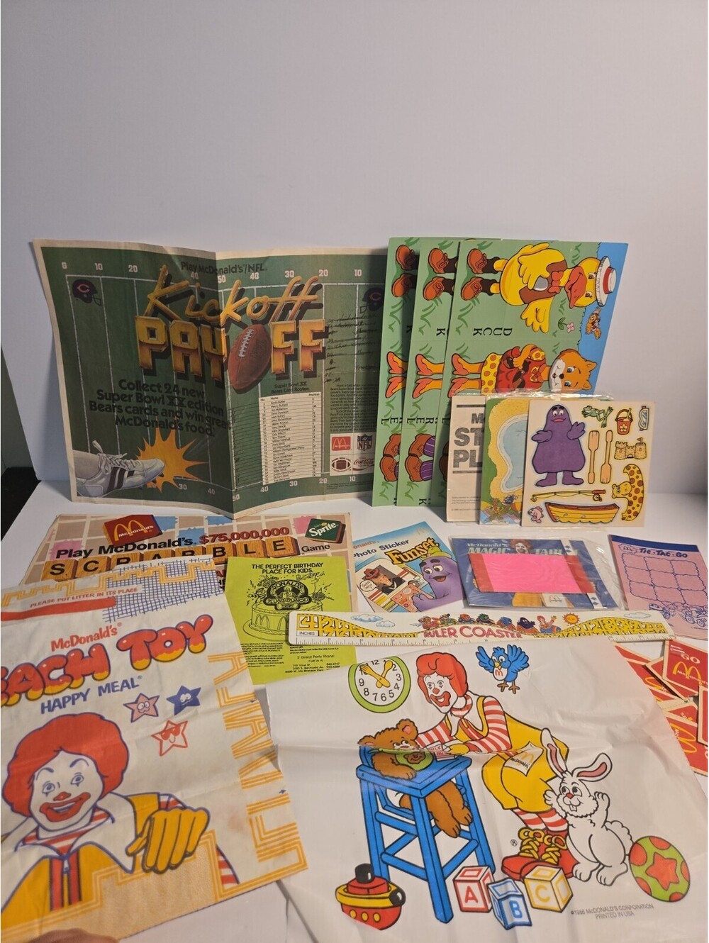 Vintage Mcdonalds Ephemera Lot Happy Meal Bags, Magazine, Toy, Ruler, Football